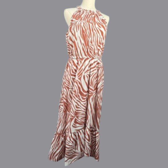 (L) Like New NINE WEST (What I call) Tan Tiger Halter High Low Dress - Picture 1 of 8
